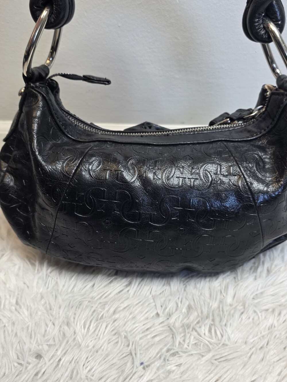 GUESS Black Monogram Embossed Hobo Shoulder Bag - Silver GG Hardware - Picture 5 of 9